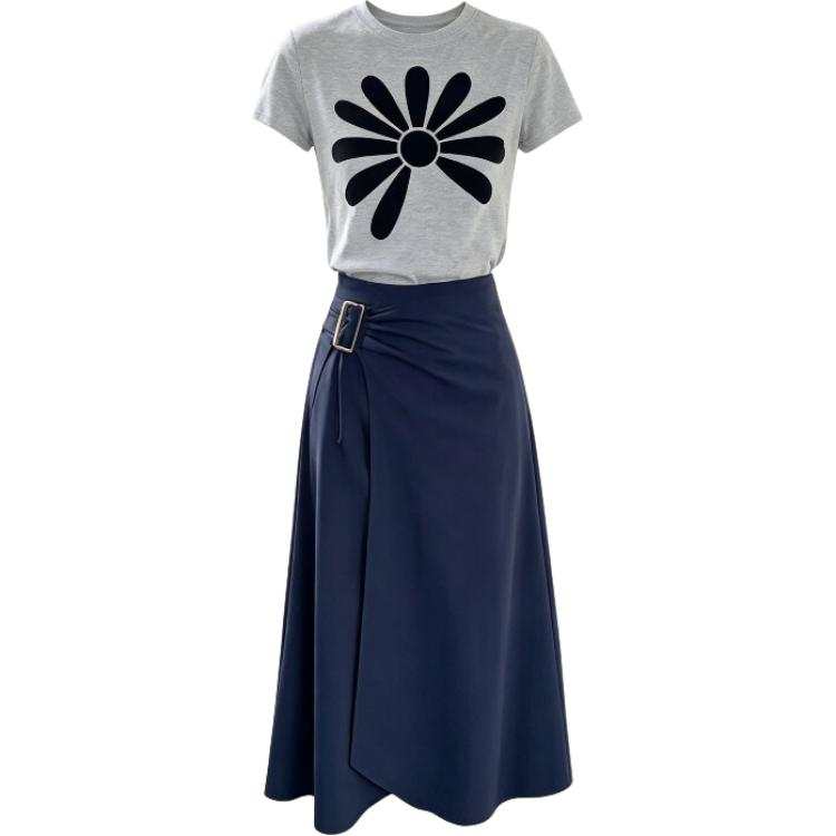 CHARM GLOW Two Piece Skirt Sets Women's Crew Neck Moderate Long Skirt