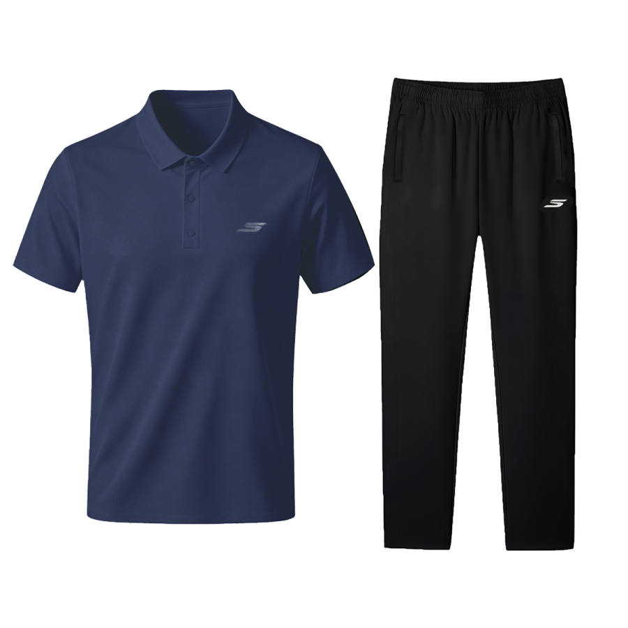 Skechers Casual Sportswear Men's Marine Blue Top+Carbon Black Bottom Polo Collar Thin
