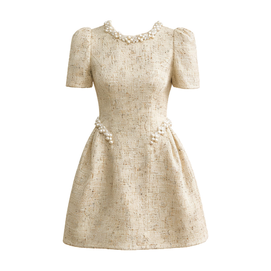 FINDSME GAGA Short Sleeved Dresses Women's Vanilla Short Sleeved Dress Crew Neck Moderate Short Skirt A Line Skirt