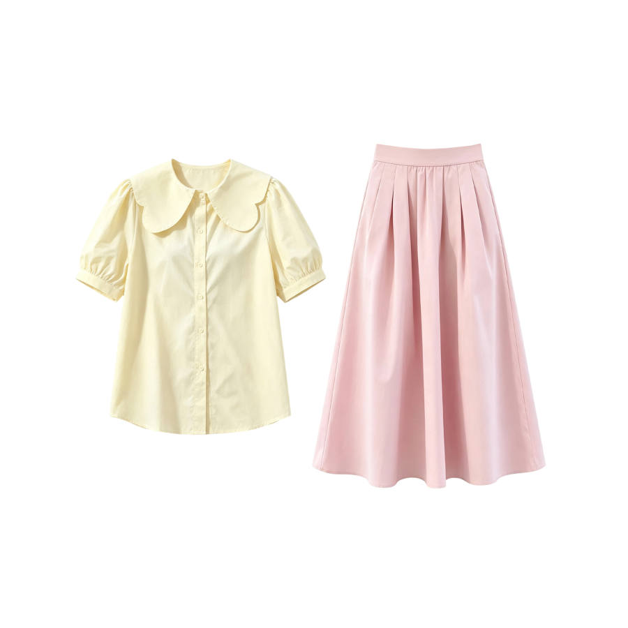 TUSHIFEI Two Piece Skirt Sets Women's Peter Pan Collar Moderate Midi Skirt