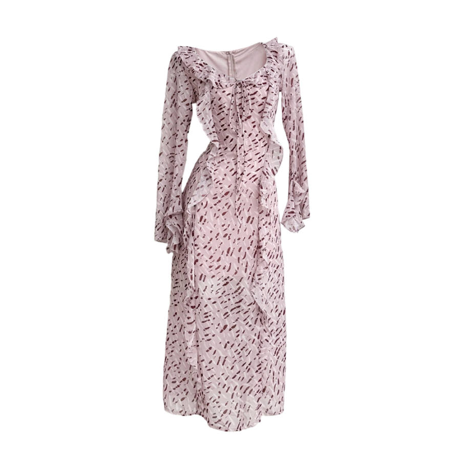 TUSHIFEI Long Sleeved Dresses Women's Mist Shadow Pink Brown V Neck Moderate Long Skirt A Line Skirt