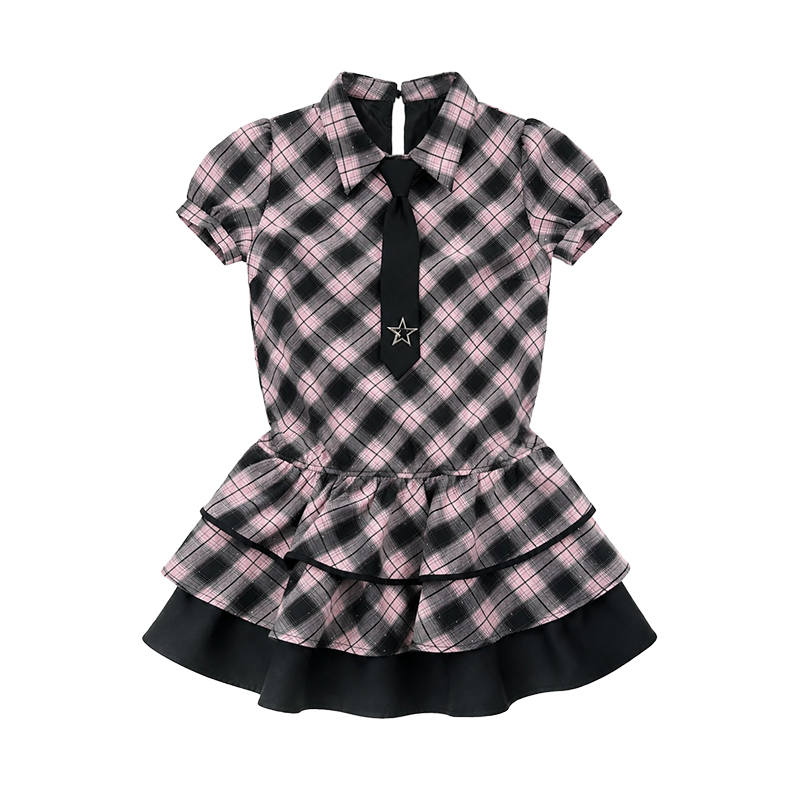 FABRIC PIG Short Sleeved Dresses Women's Pink Black Short Sleeved T Shirt Lapel Thin Short Skirt Tiered Skirt