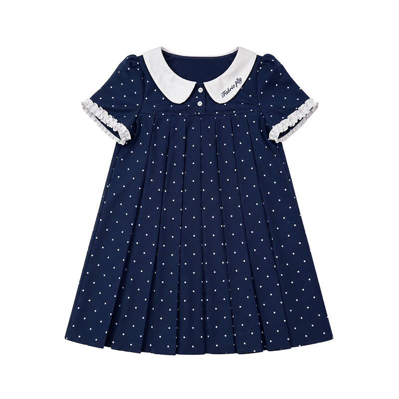 FABRIC PIG Short Sleeved Dresses Women's Blue Peter Pan Collar Thin Midi Dress A Line Skirt