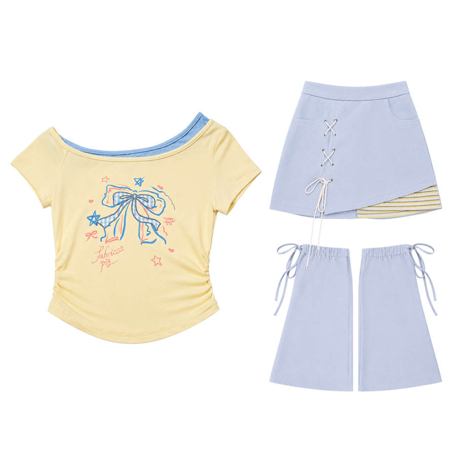 FABRIC PIG Two Piece Skirt Sets Women's Yellow Top+Blue Short Skirt Boat Neck Thin Short Skirt