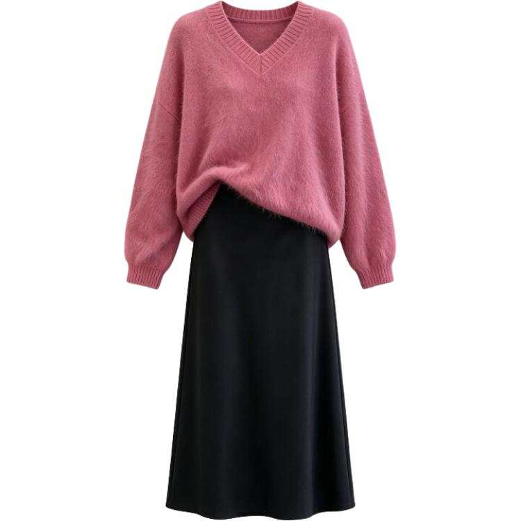 CHARM GLOW Two Piece Skirt Sets Women's V Neck Thickened Long Skirt