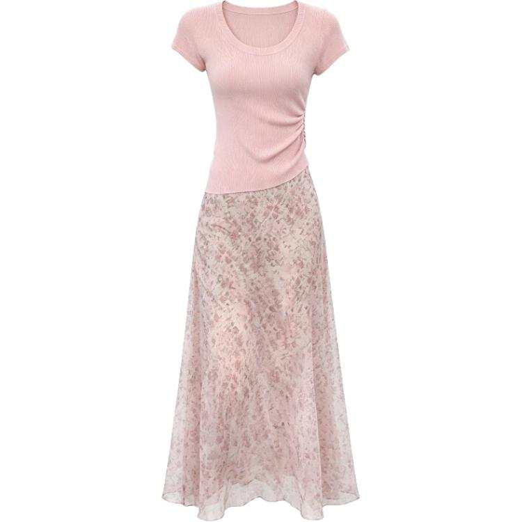 CHARM GLOW Two Piece Skirt Sets Women's V Neck Moderate Long Skirt