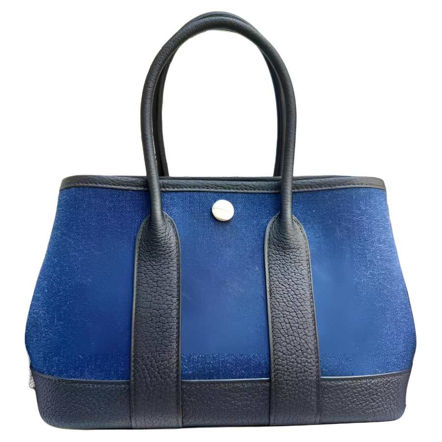 HERMES Garden Party Denim With Leather Handbag 23 Women's Black & Blue