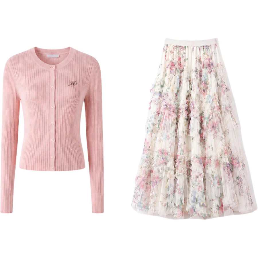 MostwantedLab Two Piece Skirt Sets Women's Crew Neck Thin Long Skirt