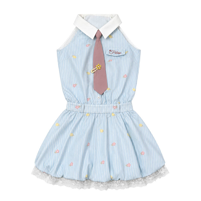 FABRIC PIG Sleeveless Dresses Women's Blue Halter Thin Short Skirt Puffy Skirt