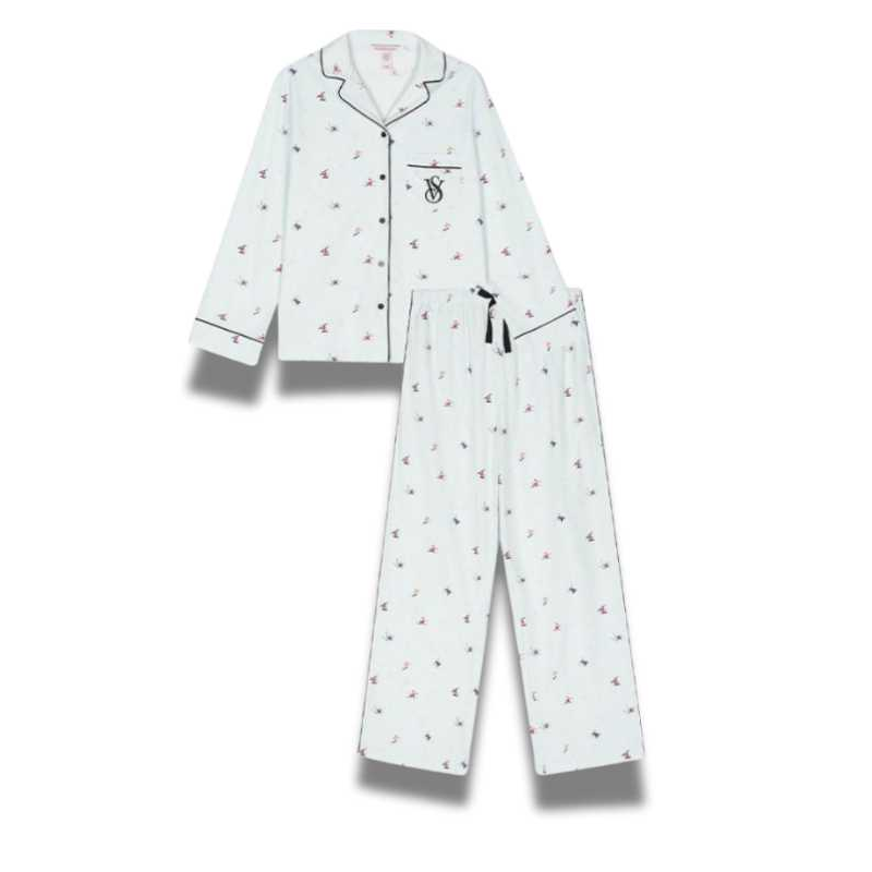 Victoria's Secret Pajama Set Brushed Texture Lightweight Warm Women's Ice Blue Fun Slide
