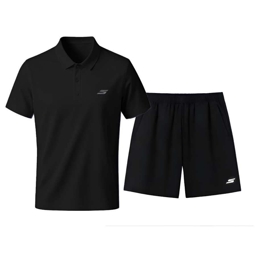 Skechers Casual Sportswear Men's Carbon Black Top+Carbon Black Bottom Polo Collar Thin