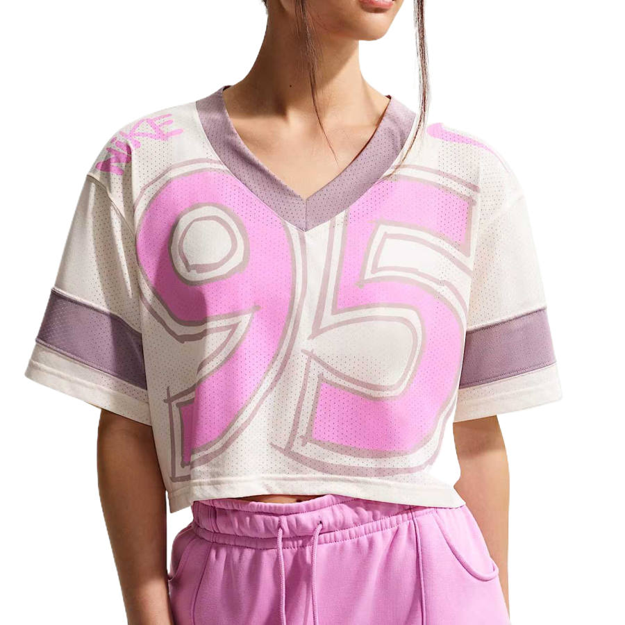 Nike Nike Sportswear T Shirts Women's Chalk White/Light Mineral Purple/Light Ocean Red V Neck Moderate