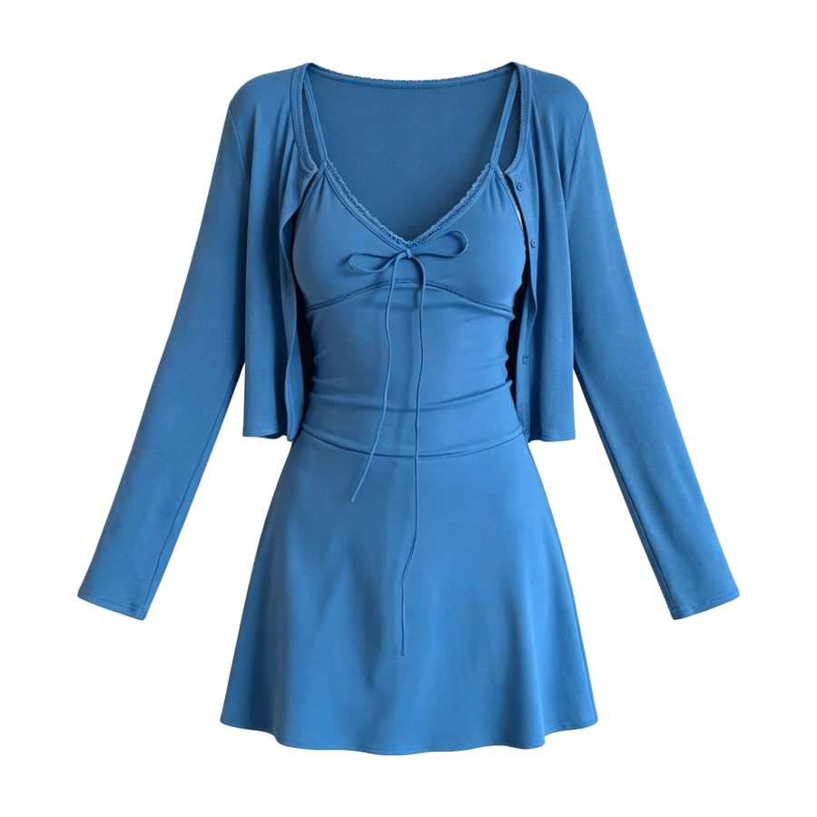 FINDSME GAGA Two Piece Skirt Sets Women's V Neck Moderate Short Skirt