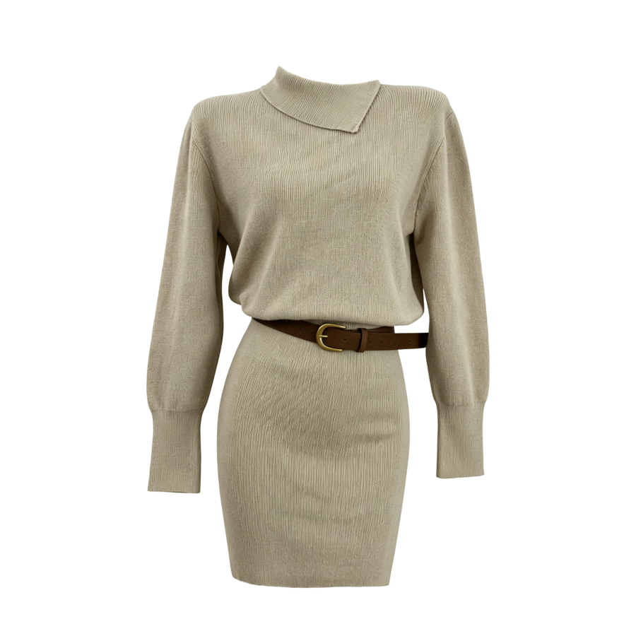FINDSME GAGA Long Sleeved Dresses Women's Lapel Moderate Short Skirt Bodycon Skirt