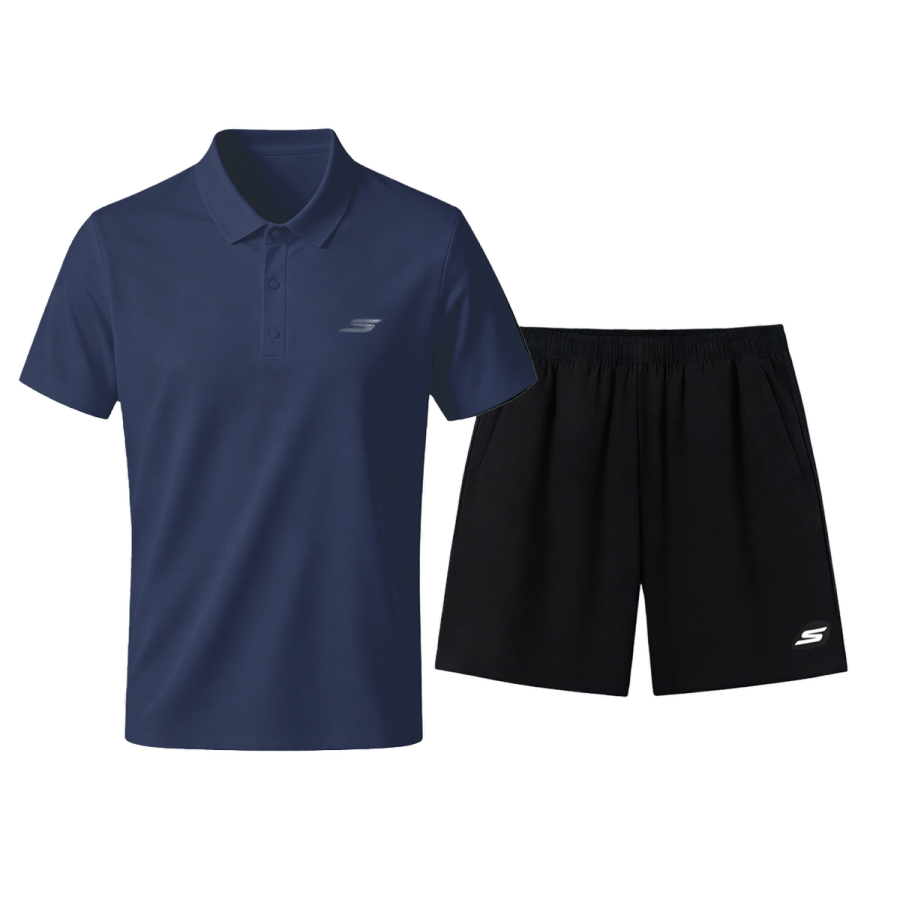 Skechers Casual Sportswear Men's Marine Blue Top+Carbon Black Bottom Polo Collar Thin