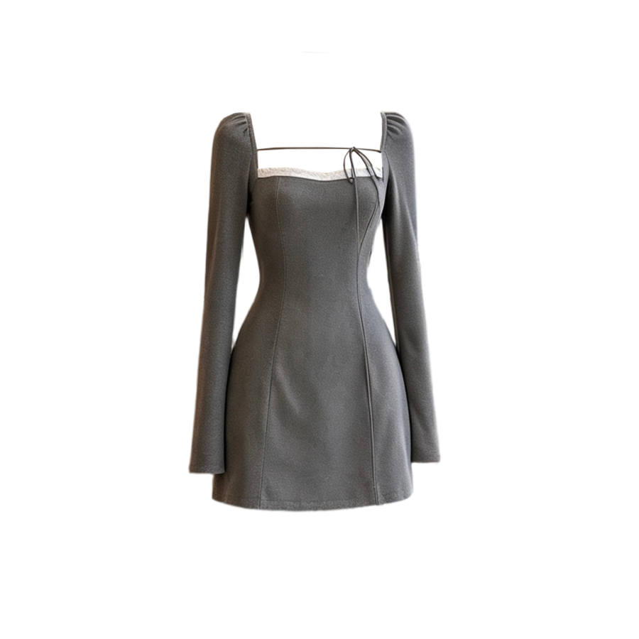 TUSHIFEI Long Sleeved Dresses Women's Square Collar Moderate Short Skirt A Line Skirt