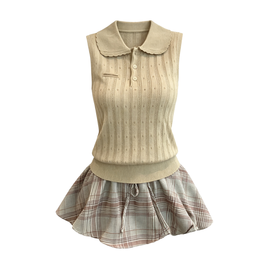 FINDSME GAGA Two Piece Skirt Sets Women's Polo Collar Thin Short Skirt
