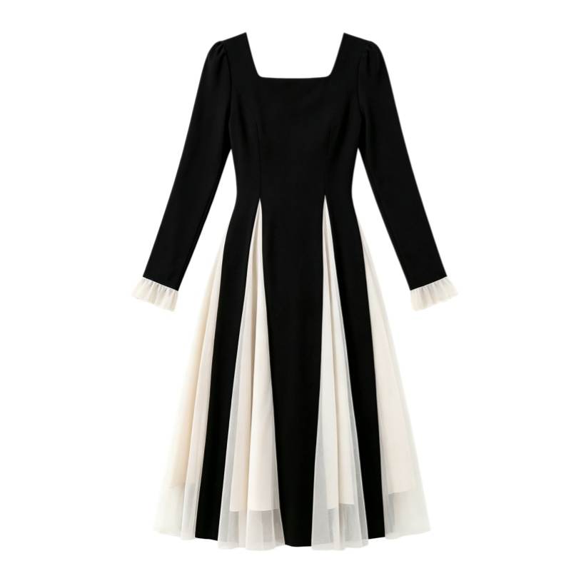 CPAURA Long Sleeved Dresses Women's Black Square Collar Moderate Long Skirt A Line Skirt