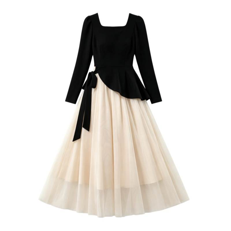 CPAURA Long Sleeved Dresses Women's Black Long Square Collar Moderate Long Skirt A Line Skirt