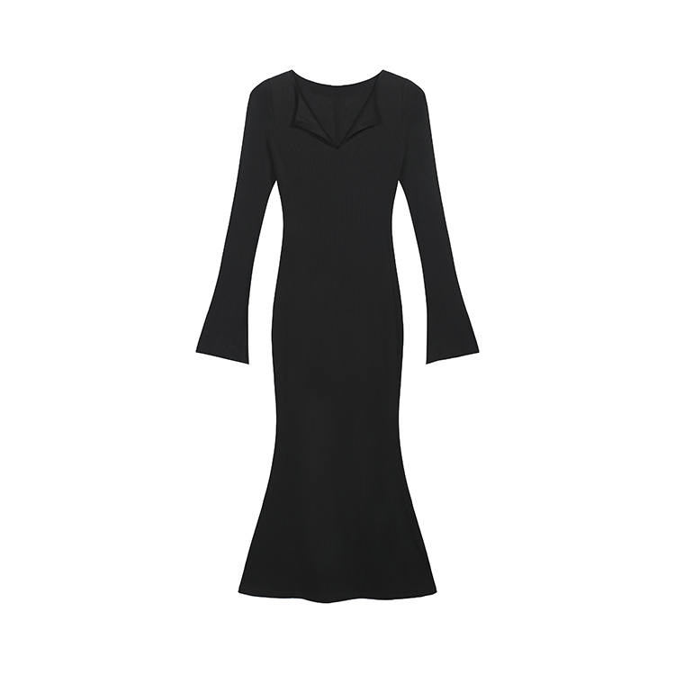 TUSHIFEI Long Sleeved Dresses Women's Black V Neck Moderate Long Skirt Fishtail Dress