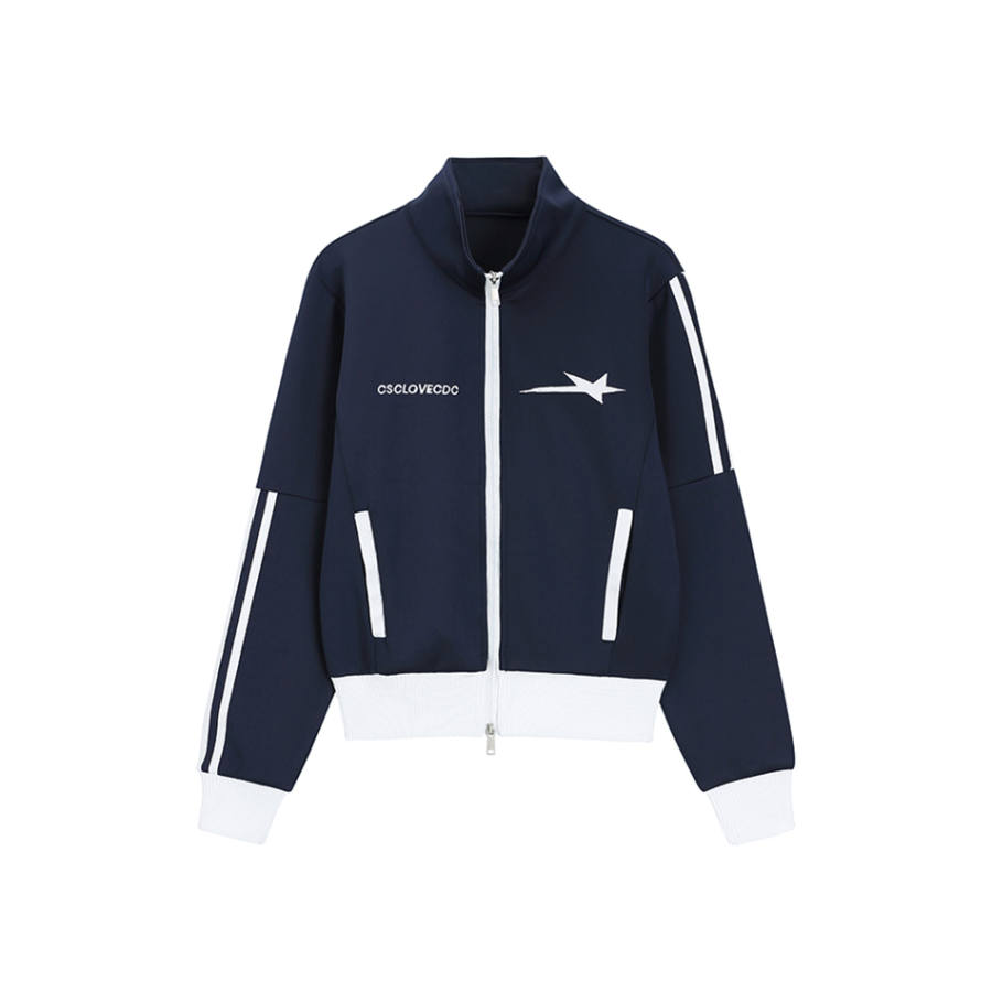 TUSHIFEI Jackets Women's Navy Blue Stand Collar Moderate Nipped In Waist