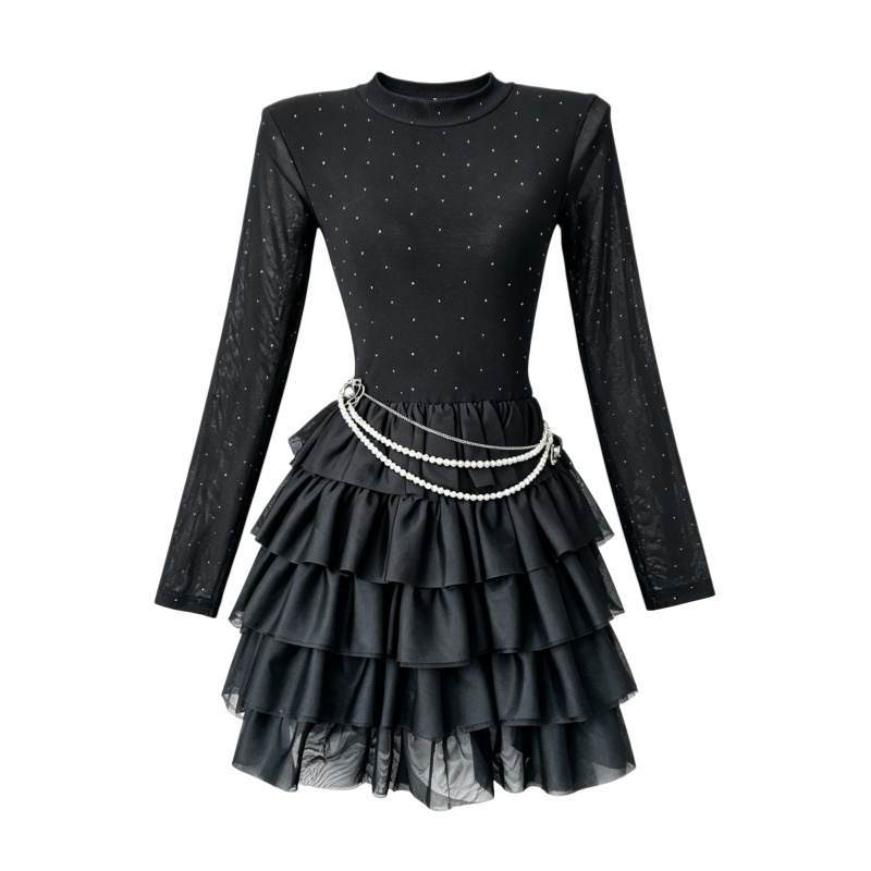 CPAURA Long Sleeved Dresses Women's Black Crew Neck Moderate Short Skirt Tiered Skirt