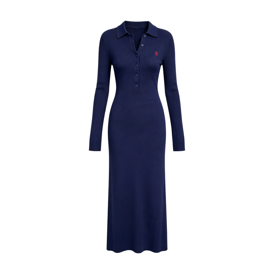 FINDSME GAGA Long Sleeved Dresses Women's Polo Collar Moderate Long Skirt A Line Skirt