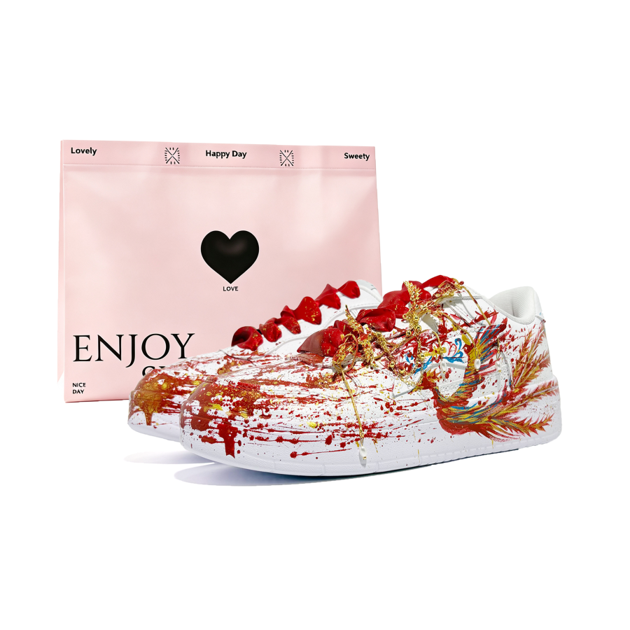 Li-Ning Li Ning Floating Boat Skateboard Shoes Unisex Low Top Red Gold Ink Splatter Phoenix Hand Drawn Colorway