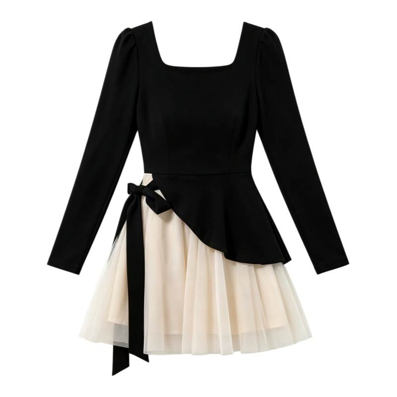 CPAURA Long Sleeved Dresses Women's Black Cropped Square Collar Moderate Short Skirt Puffy Skirt