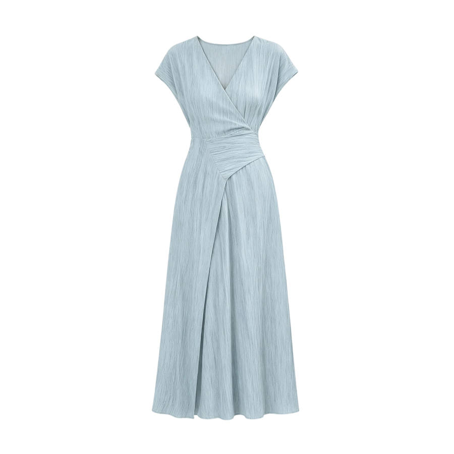 TUSHIFEI Short Sleeved Dresses Women's Blue V Neck Moderate Long Skirt A Line Skirt