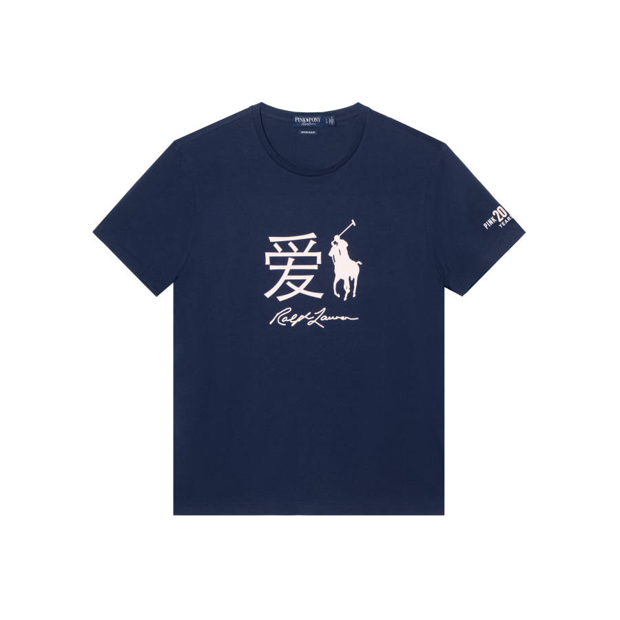 Polo Ralph Lauren Pink Pony T Shirts Men's Marine Blue Crew Neck Moderate Straight Fit