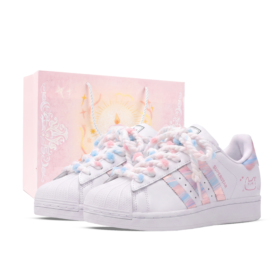 Adidas Originals Superstar 2 Skateboard Shoes Unisex Low Top White/Pink/Blue