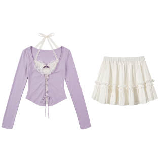 FABRIC PIG Two Piece Skirt Sets Women's Purple Long Sleeved+Short Skirt Halter Thin Short Skirt
