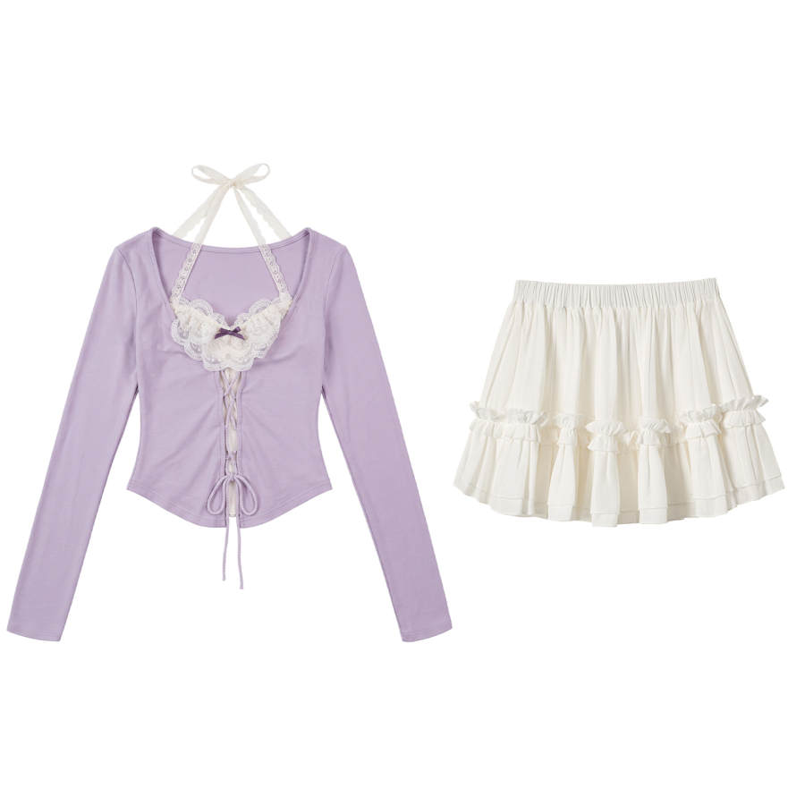 FABRIC PIG Two Piece Skirt Sets Women's Purple Long Sleeved+Short Skirt Halter Thin Short Skirt