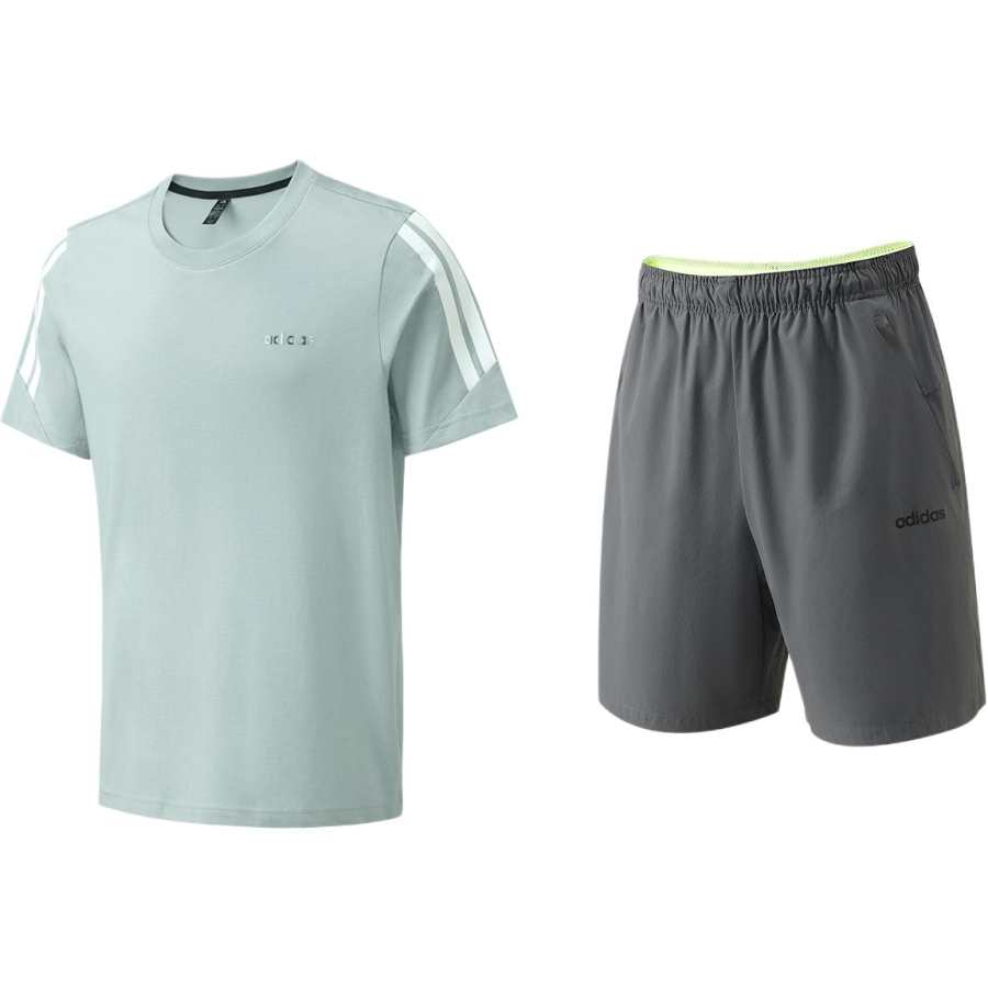 Adidas Adidas Casual Sportswear Unisex Set Light Blue Top+Gray Bottom Crew Neck Moderate