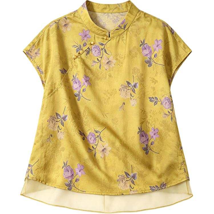 SIXUSICHOU Shirts Women's Yellow Flower Stand Collar Moderate Shirt
