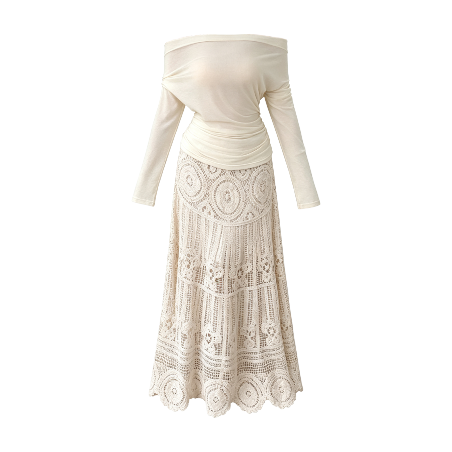 FINDSME GAGA Two Piece Skirt Sets Women's Boat Neck Thin Long Skirt