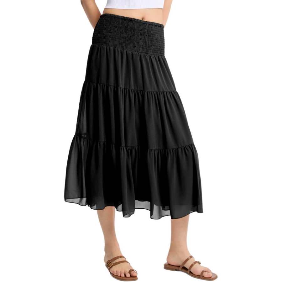 MICHAEL KORS Casual Long Skirts Women's Black Moderate Midi Skirt Tiered Skirt