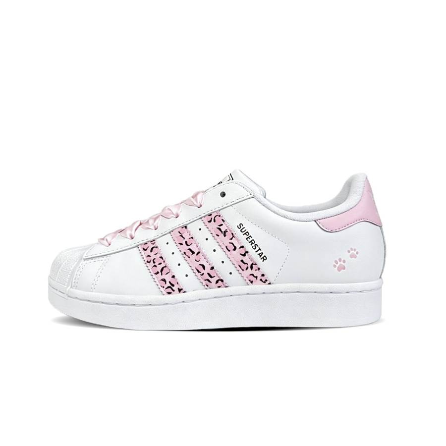 Adidas Originals Superstar 2 Leopard Print Cat Paw Leather Casual Kids' Skateboarding Shoes Pink Unisex