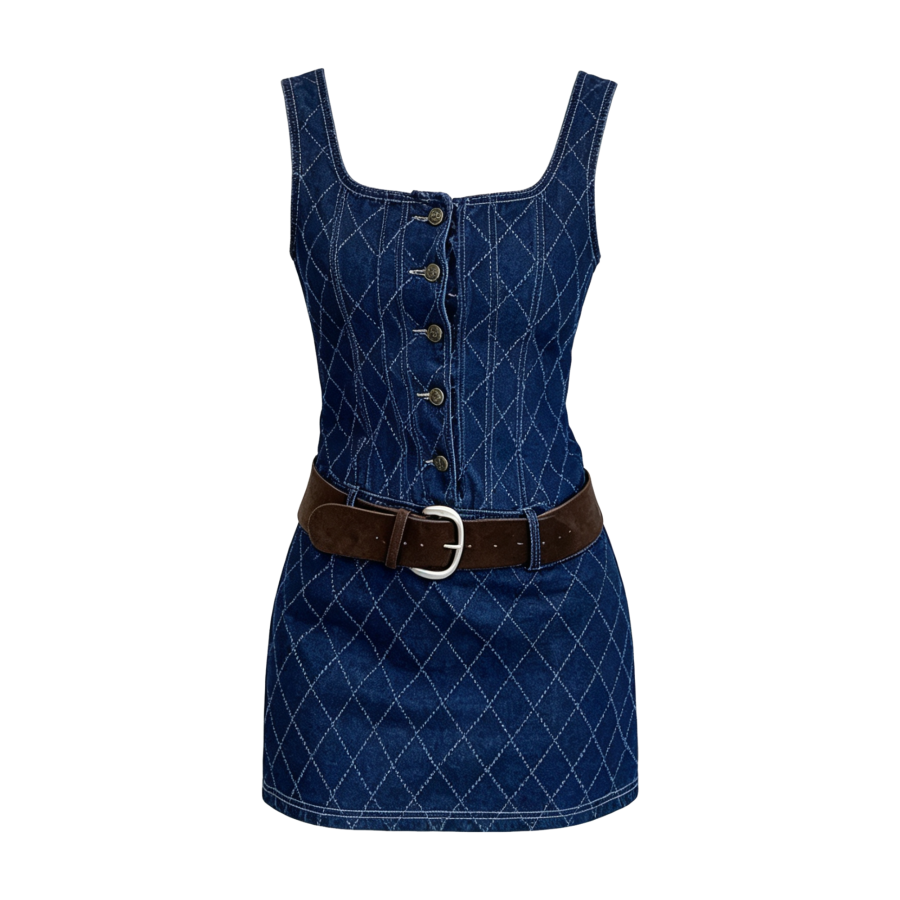 FINDSME GAGA Sleeveless Dresses Women's Blue With Belt Square Collar Moderate Short Skirt Bodycon Skirt