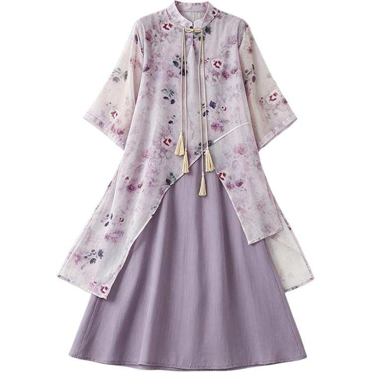 SIXUSICHOU Short Sleeved Dresses Women's Stand Collar Thin Mid Length