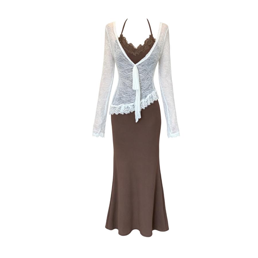 FINDSME GAGA Two Piece Skirt Sets Women's V Neck Thin Long Skirt