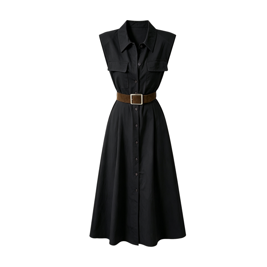 FINDSME GAGA Sleeveless Dresses Women's Lapel Moderate Midi Skirt A Line Skirt