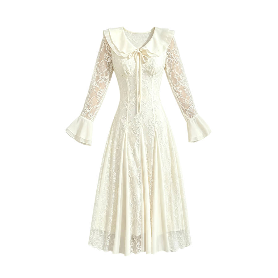 TUSHIFEI Long Sleeved Dresses Women's Apricot Peter Pan Collar Moderate Long Skirt A Line Skirt