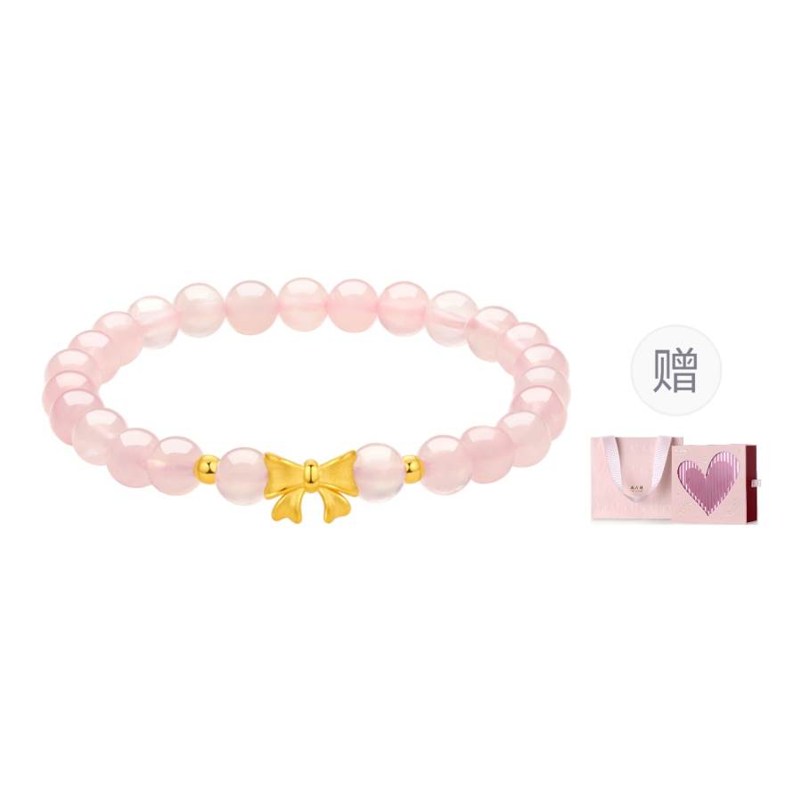 ZHOU LIU FU Gold Small Bowknot, Rose Quartz Sweet Style Versatile Everyday Girly Solid Gold Priced In Gram