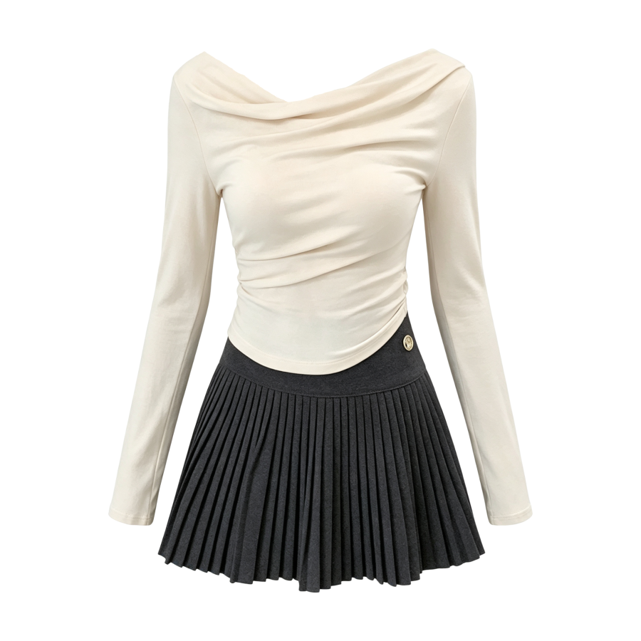 FINDSME GAGA Two Piece Skirt Sets Women's Draped Neckline Moderate Short Skirt