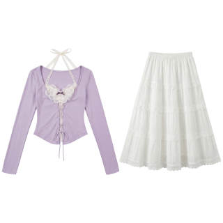 FABRIC PIG Two Piece Skirt Sets Women's Purple Long Sleeved Long Skirt Halter Moderate Midi Skirt