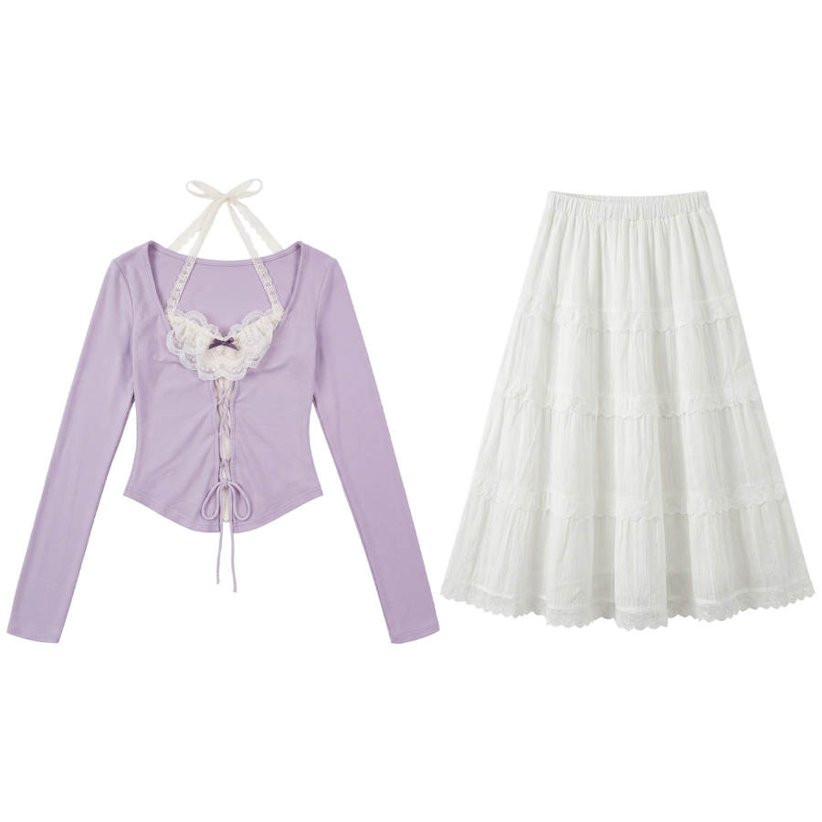 FABRIC PIG Two Piece Skirt Sets Women's Purple Long Sleeved Long Skirt Halter Moderate Midi Skirt