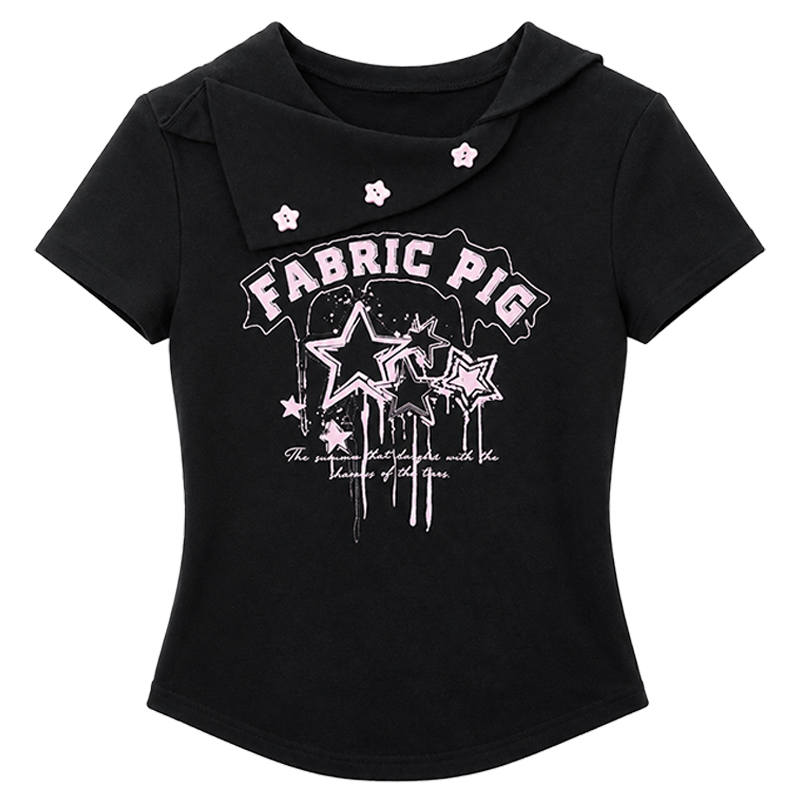 FABRIC PIG T Shirts Women's Black Asymmetrical Collar Thin Nipped In Waist