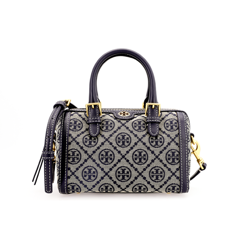 TORY BURCH T Monogram Fabric With Cow Leather Boston Bag, Crossbody Handbag Mini Women's Marine Blue